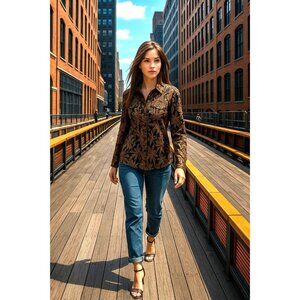 Chicos Size 2 Black Gold Silk Blend Floral Sheer Jacket Artwear Style City Style